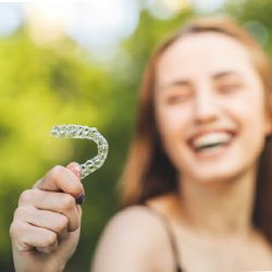 Woman standing outside laughing and holding Invisalign aligner